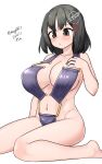  1girl absurdres alternate_costume black_hair breasts brown_eyes casual_one-piece_swimsuit dated haguro_(kancolle) hair_ornament hairclip highres kantai_collection large_breasts maru_(marg0613) one-piece_swimsuit purple_one-piece_swimsuit short_hair simple_background sitting solo swimsuit twitter_username wariza white_background 