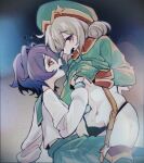  2girls araga_kiwi black_panties blush boots breasts coat double_bun facing_another girl_on_top grabbing grabbing_another&#039;s_breast green_headwear green_sleeves groping hair_bun hand_under_clothes hat hiiragi_utena holding holding_clothes holding_legwear leopard_(mahou_shoujo_ni_akogarete) long_sleeves mahou_shoujo_ni_akogarete military_coat mole mole_under_eye multiple_girls navel open_mouth panties simple_background smile straddling thigh_boots underwear v_over_head very_long_sleeves youren117 yuri 
