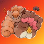 3_toes absurd_res ambiguous_gender brown_body brown_fur butt electricsnowfox feet feet_up feral foot_focus fur generation_1_pokemon hair hi_res lying nintendo nude on_back orange_hair pawpads paws pokemon pokemon_(species) soles solo toes vulpix white_body white_fur