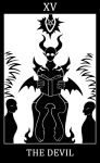 2015 ambiguous_gender anthro black_and_white black_border border bovid caprine caprine_demon card demon digital_drawing_(artwork) digital_media_(artwork) english_text goat_demon major_arcana male mammal monochrome nightlight roman_numeral scp-2980 scp-2980-1 scp_foundation silhouette simple_background sunnyclockwork tarot_card text the_devil_(tarot) white_background white_text