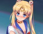  1girl artist_name bishoujo_senshi_sailor_moon blonde_hair blue_eyes blue_sailor_collar blush breasts choker cleavage closed_mouth commentary_request crescent crescent_earrings dated derivative_work diadem double_bun earrings eyebrows_visible_through_hair han_xiao_xue_beifang_xue_ji heart heart-shaped_pupils heart_choker highres jewelry long_hair looking_at_viewer red_choker sailor_collar sailor_moon sailor_moon_redraw_challenge sailor_senshi sailor_senshi_uniform screencap_redraw smile solo symbol-shaped_pupils tsukino_usagi twintails upper_body 