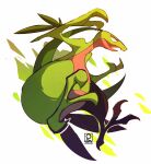 ambiguous_gender generation_3_pokemon green_body grovyle leaf_tail multicolored_body nintendo pokemon pokemon_(species) red_body rienlen simple_background solo tail two_tone_body yellow_sclera
