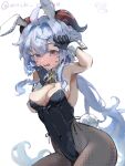  1girl absurdres ahoge alternate_costume animal_ears arm_up armpits bell black_gloves blue_hair blue_leotard blush breasts clenched_hands cowbell cowboy_shot detached_collar double-parted_bangs embarrassed fake_animal_ears fake_tail fishnet_pantyhose fishnets ganyu_(genshin_impact) genshin_impact gloves hair_between_eyes hair_intakes highleg highleg_leotard highres holding_own_hair horns leotard long_hair looking_at_viewer low_ponytail mochi_upamo neck_bell open_mouth pantyhose purple_eyes rabbit_ears rabbit_tail sidelocks simple_background solo strapless strapless_leotard sweatdrop tail twitter_username very_long_hair wavy_mouth white_background wrist_cuffs 