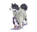  absurdres animal_focus animalization asirpa black_eyes cape dog golden_kamuy headband highres hood hooded_cape ks_lobos looking_at_another looking_to_the_side looking_up no_humans ogata_hyakunosuke shadow simple_background smile tail thai_commentary white_background 