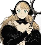  1girl bare_shoulders black_dress black_hood blonde_hair breasts cleavage closed_mouth detached_hood detached_sleeves dress dungeon_meshi ear_covers elf frs2 green_eyes highres holding holding_staff hood hood_up long_hair looking_at_viewer marcille_donato official_alternate_costume pointy_ears sleeves_past_wrists solo spoilers staff tearing_up upper_body white_background 