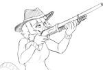 2024 5_fingers anthro black_and_white bracelet clothing dinosaur female fingers gun hat headgear headwear heather_(snoot_game) jewelry long_tail monochrome one_eye_closed prometheuzone ranged_weapon reptile scalie shotgun sketch smile snoot_game snout solo tail weapon