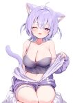  absurdres ahoge animal_ear_fluff animal_ears breasts cat_ears cat_girl cat_tail cleavage commentary_request highres hololive ineka_ka jacket looking_at_viewer navel nekomata_okayu nekomata_okayu_(7th_costume) open_mouth partially_unzipped purple_eyes purple_hair purple_jacket purple_nails purple_shirt purple_shorts shirt short_hair shorts simple_background solo symbol_in_eye tail virtual_youtuber white_background 