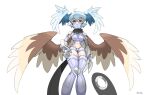  1girl black_scarf blue_hair claws digimon digimon_(creature) feathered_wings hair_wings head_wings light_blue_hair mimi_02525 multiple_girls navel revealing_clothes scarf short_hair shutumon solo wings 