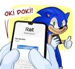  anthro blue_body blue_fur cellphone clothing duo english_text eulipotyphlan fur gesture gloves green_eyes handwear hedgehog hi_res holding_cellphone holding_object holding_phone humor kairy_draws male mammal phone smile sonic_the_hedgehog sonic_the_hedgehog_(series) speech_bubble text thumbs_up typing 