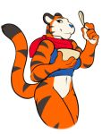  2016 5_fingers anthro blue_nose bottomless bowl clothed clothing crossgender cutlery digital_media_(artwork) felid female fingers freckles_(artist) frosted_flakes holding_object kellogg&#039;s kitchen_utensils mammal mascot mtf_crossgender pantherine scarf simple_background solo spoon stripes tiger tony_the_tiger tools topwear white_background 