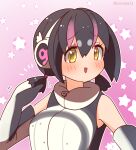  1girl black_hair coroha elbow_gloves gloves headphones hood hoodie humboldt_penguin_(kemono_friends) kemono_friends kemono_friends_v_project looking_at_viewer multicolored_hair penguin_girl purple_background purple_hair short_hair simple_background sleeveless solo star_(symbol) twintails two-tone_hair upper_body virtual_youtuber yellow_eyes zipper 