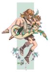  1boy 1girl blonde_hair carrying colored_sclera dragon_girl dragon_horns dragon_tail flower green_eyes highres horns light_dragon_(zelda) link looking_at_another mijiang_7 pointy_ears princess_carry princess_zelda purple_sclera sandals short_hair silent_princess spines tail the_legend_of_zelda the_legend_of_zelda:_tears_of_the_kingdom toeless_footwear topless_male 