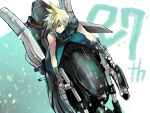  1boy armor black_footwear blonde_hair blue_eyes buster_sword cloud_strife commentary_request con_cho2 final_fantasy final_fantasy_vii final_fantasy_vii_remake full_body gloves highres looking_to_the_side male_focus motor_vehicle motorcycle on_motorcycle ribbed_sweater short_hair shoulder_armor single_bare_shoulder sitting sleeveless sleeveless_turtleneck solo spiked_hair sweater sword sword_on_back turtleneck turtleneck_sweater weapon weapon_on_back 
