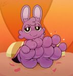3_toes absurd_res ambiguous_gender anthro big_feet clothed clothing cult_of_the_lamb electricsnowfox feet follower_(cult_of_the_lamb) foot_focus fur hi_res humanoid_feet lagomorph leporid looking_at_viewer mammal plantigrade purple_body purple_fur rabbit sitting soles toes topwear