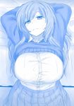  1girl arms_behind_head arms_up bed blue_theme blush breasts closed_mouth clothes_lift collared_shirt hair_between_eyes huge_breasts large_breasts long_hair looking_at_viewer monochrome naozuri original shirt shirt_tucked_in sitting skirt solo_focus sweater sweater_lift upper_body 