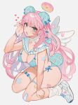  1girl angel_wings animal_ears aqua_bra aqua_choker aqua_eyes aqua_headwear aqua_nails aqua_panties bandaid bandaid_on_arm bandaid_on_knee bandaid_on_leg bandaid_on_wing bear_ears bear_hair_ornament bear_tail blue_bow blue_bracelet bow bow_bra bra breasts claw_pose cleavage collarbone commentary crossed_bandaids curly_hair dot_nose doughnut english_commentary eyelashes fang fingernails food frilled_sailor_collar frills grey_background hair_between_eyes hair_bow hair_ornament halo heart highres jewelry large_breasts leg_warmers legs lingerie long_hair looking_at_viewer miyako_(xxxbibit) mole mole_on_breast mole_under_mouth nail_polish necklace open_mouth original panties pink_doughnut pink_hair plaid_headwear ribbed_socks sailor_collar shoes side-tie_panties simple_background sitting skin_fang smile sneakers socks solo star_(symbol) star_necklace star_ornament tail teddy_bear_hair_ornament thigh_strap thighs underwear wariza white_footwear white_sailor_collar white_socks white_wings wings 