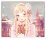  1girl :d axis_powers_hetalia blonde_hair blurry blurry_background blush border breath brown_mittens building coat cross fur_hat genderswap genderswap_(mtf) hairband hat long_hair long_sleeves looking_at_viewer mittens open_mouth outdoors own_hands_together pink_coat purple_eyes russia_(hetalia) shio_konbu_(syoko128) sky smile snowing solo tilted_headwear upper_body 