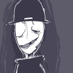 ambiguous_gender bust_portrait clothing greyscale hat headgear headwear humanoid living_scarecrow low_res male_(lore) monochrome nan_quest not_furry one_eye_closed open_mouth open_smile portrait smile solo the_padre_(nq) topwear yattermang