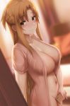  1girl asuna_(sao) bangs blurry blurry_background blush breasts brown_eyes brown_hair cellphone collarbone depth_of_field from_side ginhaha highres large_breasts long_hair looking_at_viewer navel nightgown open_clothes phone pink_nightgown smile solo standing stomach sword_art_online 