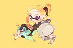 2boys anger_vein blonde_hair closed_eyes closed_mouth full_body inkling_boy inkling_player_character lying medium_hair multiple_boys octopus on_stomach pointy_ears purple_eyes short_hair simple_background sitting spl8ya splatoon_(series) tentacle_hair v-shaped_eyebrows white_hair yellow_background zzz 