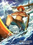  1boy abs arm_tattoo bead_necklace beads black_eyes black_hair boat clenched_hand clenched_teeth commentary_request cowboy_hat dagger english_text freckles hat jewelry knife male_focus necklace nijihayashi official_art one_piece orange_headwear outdoors portgas_d._ace short_hair smile solo tattoo teeth topless_male translation_request watercraft weapon 