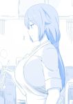  1girl apron arm_at_side arm_up blue_theme breasts closed_mouth cooking from_side hair_between_eyes huge_breasts kitchen long_hair looking_to_the_side mature_female monochrome naozuri original pot shirt sleeves_rolled_up smile solo upper_body white_apron 