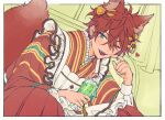  1boy amagi_rinne animal_ears apron blue_eyes cocktail_glass cosplay cup dochizame-chan_(araburumochi) drinking_glass ensemble_stars! extra_ears fox_boy fox_ears fox_tail heart himemiya_tori himemiya_tori_(cosplay) holding holding_cup japanese_clothes kimono koi_koi_cafe_(ensemble_stars!) male_focus one_eye_closed red_hair red_kimono short_hair solo tail white_apron 