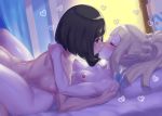  2girls backlighting bangs bed_sheet black_eyes black_hair blonde_hair blunt_bangs blush breasts closed_eyes collarbone eyebrows_visible_through_hair french_kiss from_side girl_on_top heart high_ponytail hug indoors kiss lillie_(pokemon) looking_at_another looking_at_viewer lying medium_breasts mizuki_(pokemon) mizuumi_(bb) multiple_girls nipples nose_blush nude on_back on_bed on_stomach open_mouth own_hands_together pokemon pokemon_(game) pokemon_sm short_hair sidelocks small_breasts spread_legs sweat tongue tongue_out yuri 