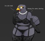 age_difference anthro avian bird black_body black_fur black_pussy clothed clothing common_blackbird eyewear female fur gem genitals glasses gloves handwear hi_res jewelry lace lace_bra lace_panties laces madam_black_(pencil_bolt) mature_female necklace older_female open_mouth pearl_(gem) pearl_necklace pencil_bolt pussy solo standing underwear