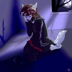 2020 anthro bodily_fluids brown_hair colored crown crying digital_media_(artwork) empty_room fur fuyu_graycen hair head_in_hands headgear hellishlykawaiimiocreations hi_res hybrid kneeling male moon night paws photo sad solo tears visual_kei white_body white_fur window