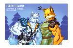 abs angry anthro arctic_fox belt blue_eyes canid canine clothing duo epic_games fennix_(fortnite) fortnite fox fur glistening glistening_body green_body green_scales hi_res latex latex_clothing looking_at_another looking_at_partner looking_at_viewer male male/male mammal muscular nervous orange_body orange_fur outside scales smile smirk spikes volpez_(fortnite) white_body white_fur wolfmalro yellow_eyes