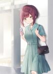  1girl bag blue_dress blurry blurry_background blush breasts brown_eyes cellphone closed_mouth commentary_request depth_of_field dress handbag holding holding_phone looking_at_viewer medium_breasts midorikawa_you original phone pleated_dress red_hair short_hair short_sleeves shoulder_bag solo standing 