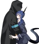  1boy 1girl arknights black_jacket black_shorts blue_hair blush ch&#039;en_(arknights) closed_mouth doctor_(arknights) dragon_girl dragon_horns dragon_tail hair_between_eyes highres hood hooded_jacket horns hug jacket lily0428 long_hair midriff_peek necktie red_eyes shirt short_shorts shorts size_difference slit_pupils surprised tail wavy_mouth white_shirt yellow_necktie 