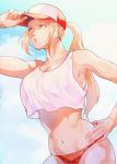  armpits baseball_cap blonde_hair blue_eyes breasts fatal_fury fatal_fury_cap genderswap genderswap_(mtf) hat large_breasts long_hair panties ponytail sky snk snk_heroines:_tag_team_frenzy sokytk2 solo tank_top terry_bogard underwear 