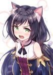  1girl animal_ear_fluff animal_ears bangs bare_shoulders black_hair blush cat_ears cat_girl cat_tail detached_sleeves eyebrows_visible_through_hair fang flying_sweatdrops green_eyes highres karyl_(princess_connect!) long_hair long_sleeves looking_at_viewer low_twintails multicolored_hair open_mouth princess_connect! princess_connect!_re:dive purple_skirt shirt skirt sleeveless sleeveless_shirt solo streaked_hair tail tomo_(user_hes4085) twintails very_long_hair white_hair white_shirt 