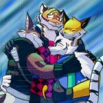 anthro avi_(avi_the_tiger) avi_the_tiger blush canid canine canis embrace epic_games felid fennix_(fortnite) forestpunktiger fortnite fox fur group happy hug male mammal muscular muscular_arms muscular_male oscar_(fortnite) pallav_the_tiger pantherine smile tiger wendell_(fortnite) white_body white_fur wolf