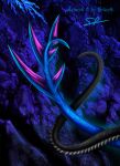 &lt;3 ambiguous_gender anthro black_tail blue_tail cave dragon duo entwined_tails feral glowing heart_tail night plant rock selianth tail tail_coil tree zero_pictured