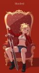  1girl bandeau belt blonde_hair boots chair character_name clarent denim denim_shorts fate/grand_order fate_(series) green_eyes groin jacket jewelry mordred_(fate)_(all) navel necklace ponytail red_background red_jacket shorts solo vococo 