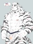 5_fingers abs anthro arknights blue_eyes clothed clothing eyebrows felid fingers hi_res hypergryph male mammal meocondainhan mountain_(arknights) muscular muscular_anthro muscular_male nipples pantherine pecs pubes simple_background solo stripes studio_montagne tail tiger translucent translucent_clothing white_body