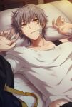  1boy bandaged_arm bandaged_fingers bandages bandaid bandaid_on_face bandaid_on_neck bed black_jacket caelus_(honkai:_star_rail) collarbone commentary fingernails grey_hair hair_between_eyes hands_up honkai:_star_rail honkai_(series) indoors jacket looking_at_viewer lying male_focus on_back pillow rne_at shadow shirt short_hair short_sleeves solo symbol-only_commentary t-shirt teeth torn_clothes torn_shirt trailblazer_(honkai:_star_rail) unworn_jacket white_shirt yellow_eyes 
