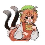  1girl :d animal_ear_piercing animal_ears blush bow bowtie bright_pupils brown_eyes brown_hair cat_ears cat_tail chen commentary_request cropped_legs earrings fang flat_chest green_eyes green_headwear hands_up happy hat jewelry leaning_forward long_sleeves looking_at_viewer mob_cap multiple_tails nekomata no_nose nose_blush nurakuramono_n open_mouth paw_pose puffy_long_sleeves puffy_sleeves red_skirt red_vest short_hair simple_background single_earring skin_fang skirt skirt_set smile solo tail touhou two_tails vest white_background white_pupils yellow_bow yellow_bowtie 