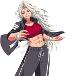  1girl abs absurdres black_jacket black_pants blue_eyes breasts highres jacket large_breasts long_hair marian_kelly midriff muscular muscular_female navel pants red_sports_bra river_city_girls_2 simple_background smile solo sports_bra tetsunana track_pants white_background white_hair 
