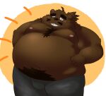 2024 absurd_res anthro bear belly big_belly blush bottomwear brown_body brown_fur clothing eyes_closed fur hi_res kemono male mammal moobs nipples overweight overweight_male pants simple_background solo yanununununu