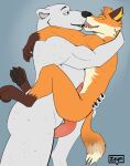 anal anthro bear bodily_fluids canid canine claws drooling duo embrace epic_games fennix_(fortnite) fortnite fox fur holding_up hug kissing lifting_up looking_at_another looking_at_partner making_out male male/male mammal orange_body orange_fur paws polar_bear polar_patroller saliva simple_background size_difference tail tongue ursine white_body white_fur yellow_eyes zeym