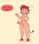 &lt;3 animal_humanoid anthro balls blush blush_stickers bodily_fluids bovid bovid_humanoid bovine bovine_humanoid brown_hair cattle_humanoid curved_horn dialogue dot_eyes dripping english_text erection genital_fluids genitals hair hooves horn humanoid humanoid_genitalia humanoid_penis male mammal mammal_humanoid open_mouth open_smile penis precum precum_drip precum_string red7cat simple_background smile solo speech_bubble tail tail_tuft tan_background text tuft