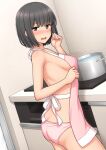  1girl apron ass black_eyes black_hair blush bob_cut breasts commentary_request cowboy_shot dutch_angle from_side frown looking_at_viewer nakamura_sumikage nearly_naked_apron open_mouth original panties pink_apron pink_panties short_hair sideboob small_breasts solo standing stove sweatdrop underwear 