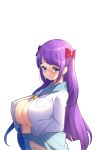  1girl areola_slip areolae bangs blue_eyes blush bow breasts cleavage eyebrows_visible_through_hair hair_bow highres kaguya_madoka navel open_clothes open_shirt precure purple_hair rumo skirt skirt_lift solo star_twinkle_precure 