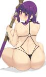  1girl absurdres ass back bikini black_bikini blunt_bangs blush breasts fern_(sousou_no_frieren) hair_ornament highres holding holding_staff large_breasts long_hair looking_at_viewer minggoo purple_eyes purple_hair sitting solo sousou_no_frieren spread_legs staff swimsuit 