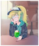  1girl absurdres alternate_costume baseball_cap basil_(faraway)_(omori) basil_(omori) bespectacled black_jacket blonde_hair blue_eyes blurry blurry_background blush closed_mouth collarbone commission commissioner_upload cup drawstring drinking_glass genderswap genderswap_(mtf) glasses green_hair green_hoodie hat heart highres hood hood_down hoodie indoors jacket long_hair long_sleeves looking_at_viewer maromichan multicolored_hair omori ponytail round_eyewear skeb_commission smile solo table 