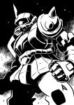 arms_at_sides clenched_hand cowboy_shot glowing glowing_eye greyscale gundam highres horns looking_ahead mecha mobile_suit mobile_suit_gundam monochrome nakanishi_kent no_humans one-eyed robot science_fiction single_horn solo standing zaku_ii 